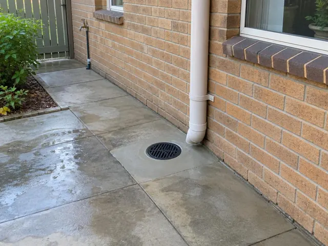 Outdoor drain grate beside brick house wall and paved path with wet concrete in Box Hill