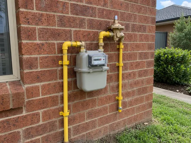 Exterior gas meter with new yellow pipework on a brick wall near a window in Beaumont Hills